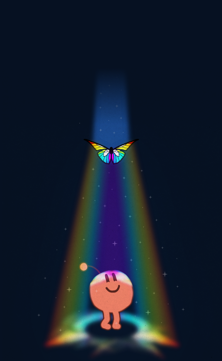 A red jitterbug (creature from the paper game Conga) smiling and looking up to a large monarch butterfly, made of rainbow-colored stained glass. Light refracts through the butterfly down onto the jitterbug.